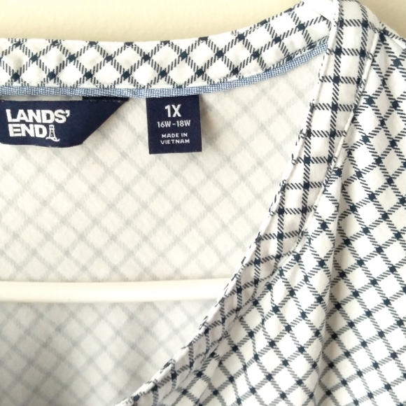 NWOT Lands' End Ivory Check Elbow Sleeve Button Front Top - Picture 6 of 7